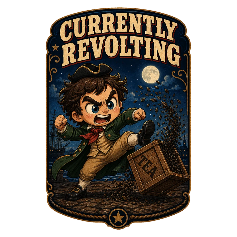Die-cut chibi colonial patriot kicking over a wooden tea crate