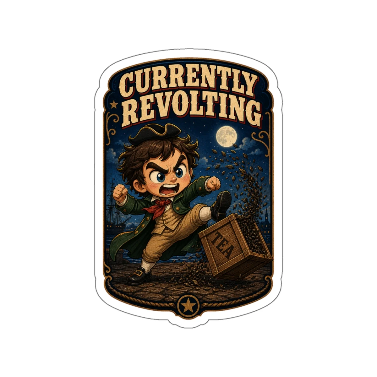 Front view of the four-inch Currently Revolting die-cut sticker
