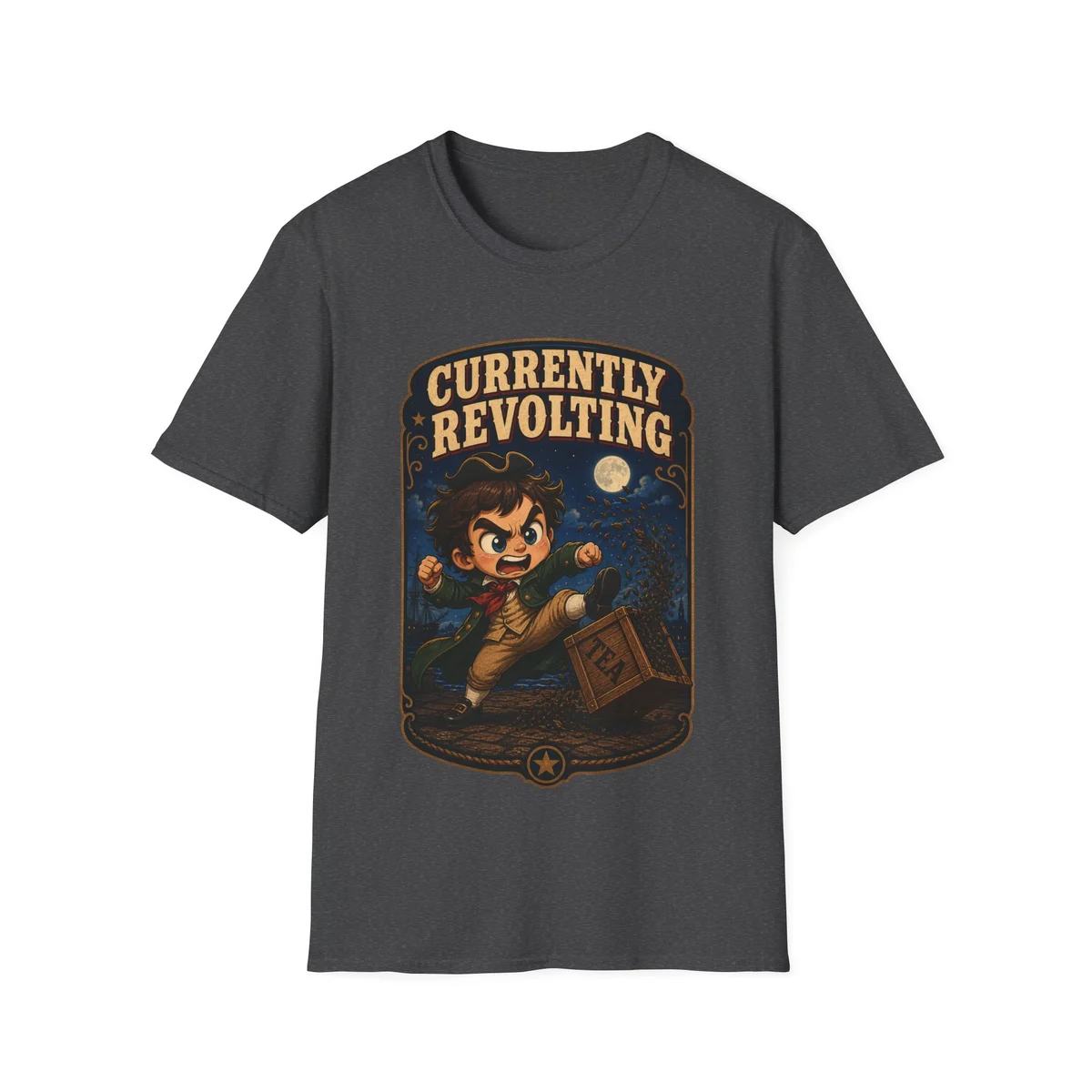 Front view of the Currently Revolting Dark Heather unisex T-shirt