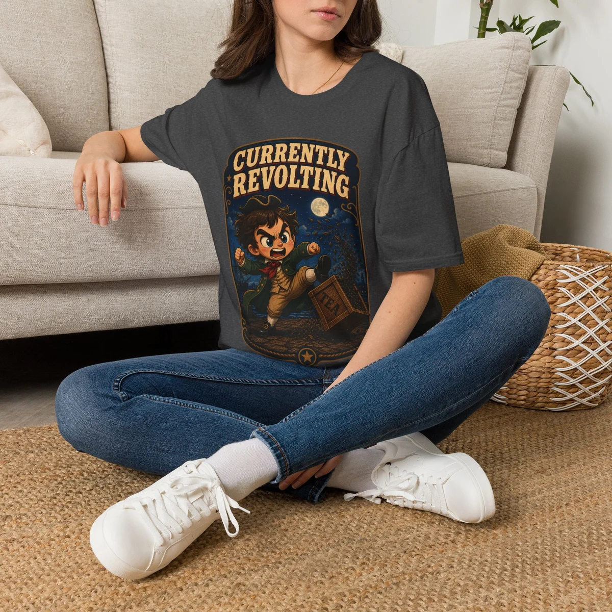 Model wearing the Currently Revolting Dark Heather T-shirt