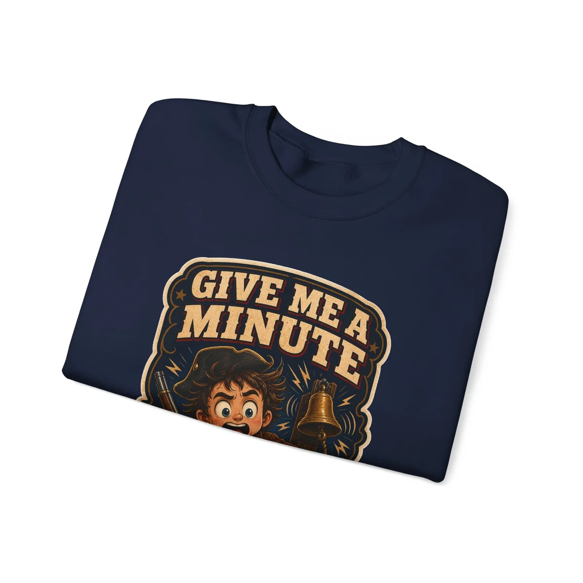 Give Me a Minute crewneck folded to show the chibi minuteman print