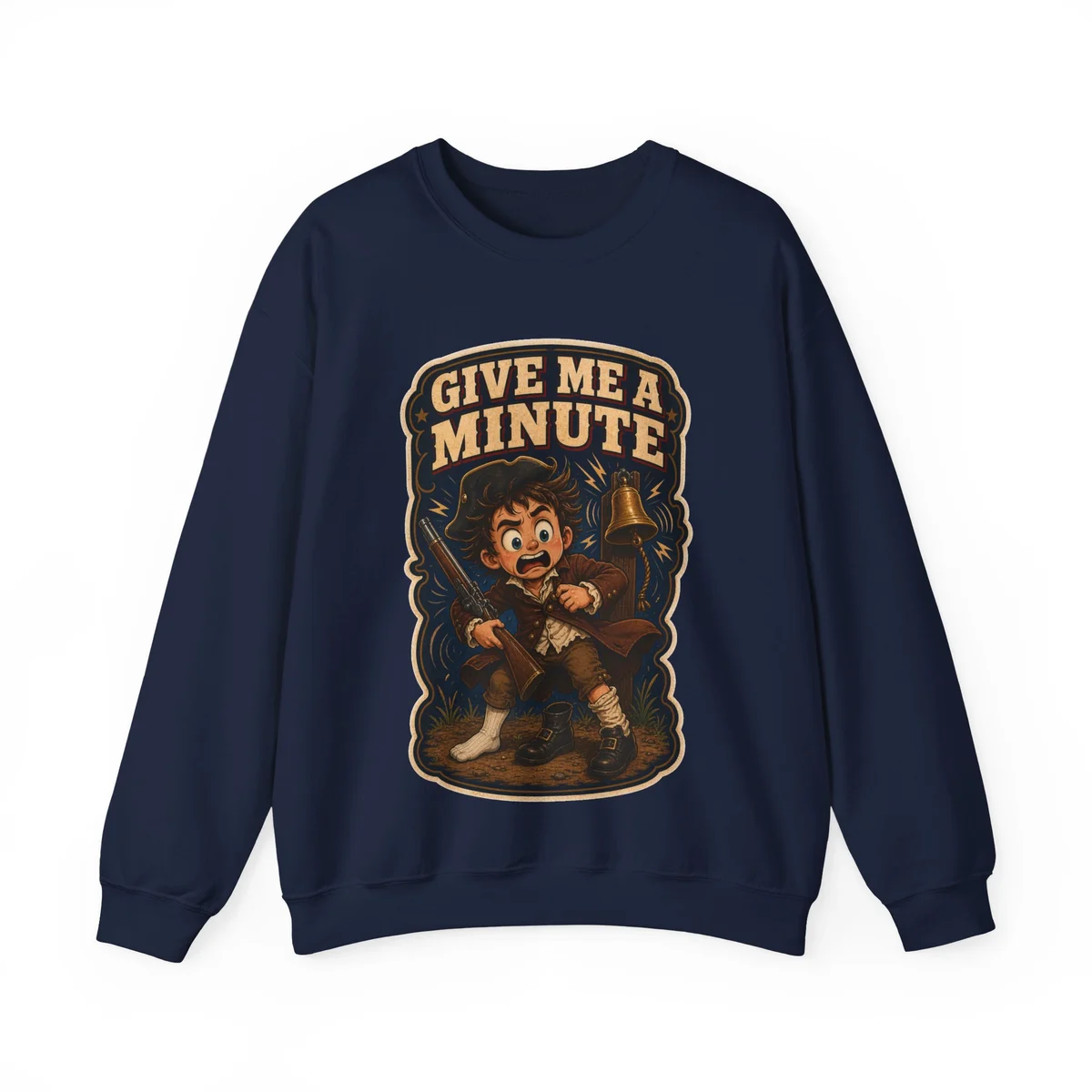 Front view of the Give Me a Minute Navy Gildan Heavy Blend crewneck