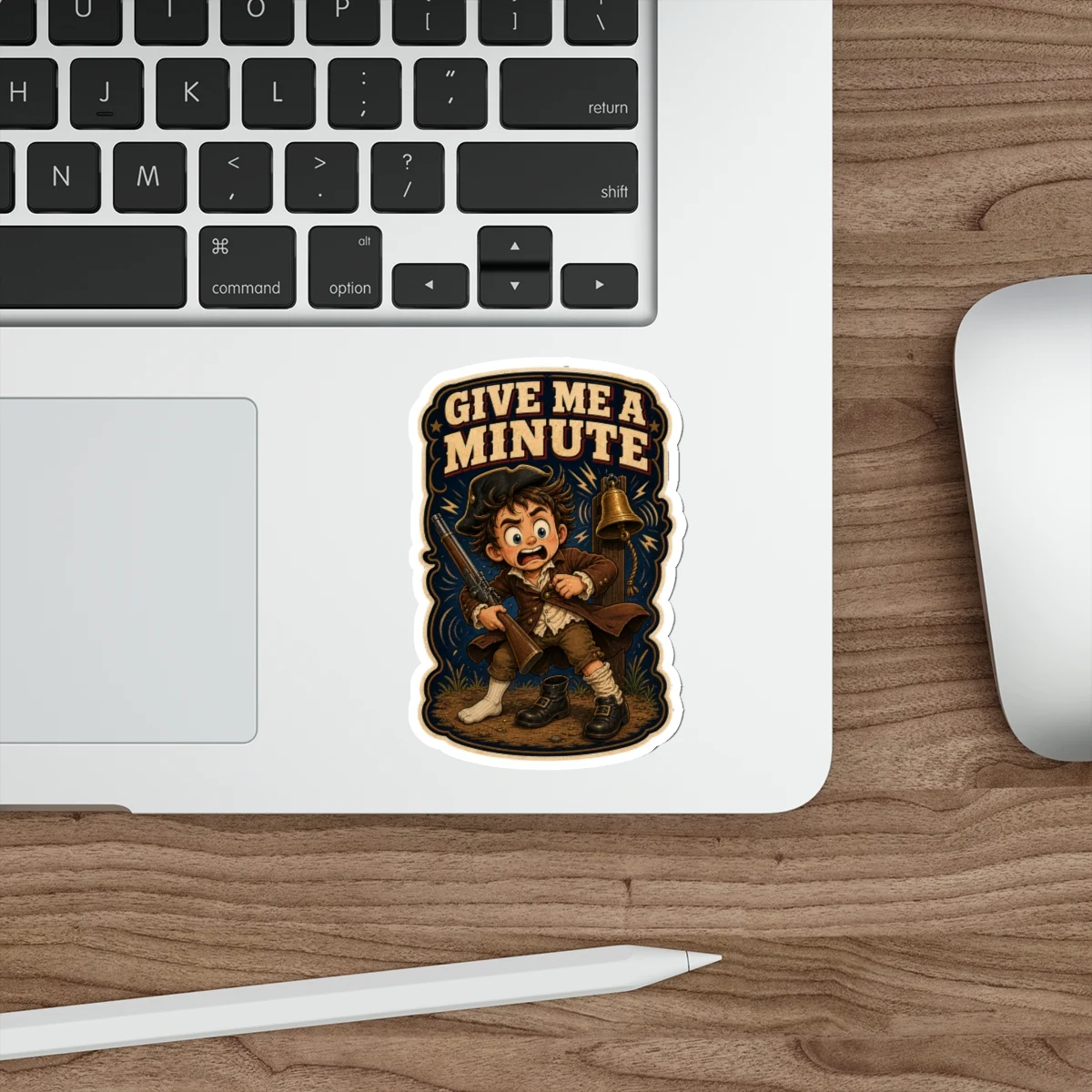 Give Me a Minute sticker displayed on a silver laptop