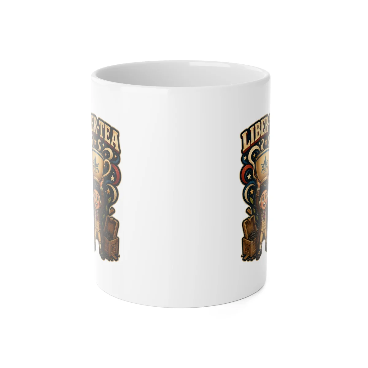 Front view of the white 11-ounce Liber-Tea ceramic mug