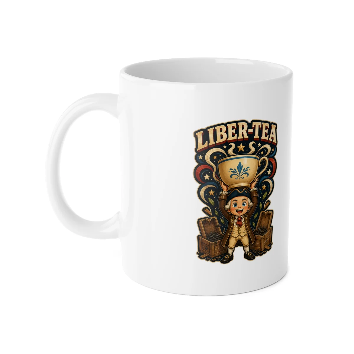 Left-side view showing the two-sided Liber-Tea mug design