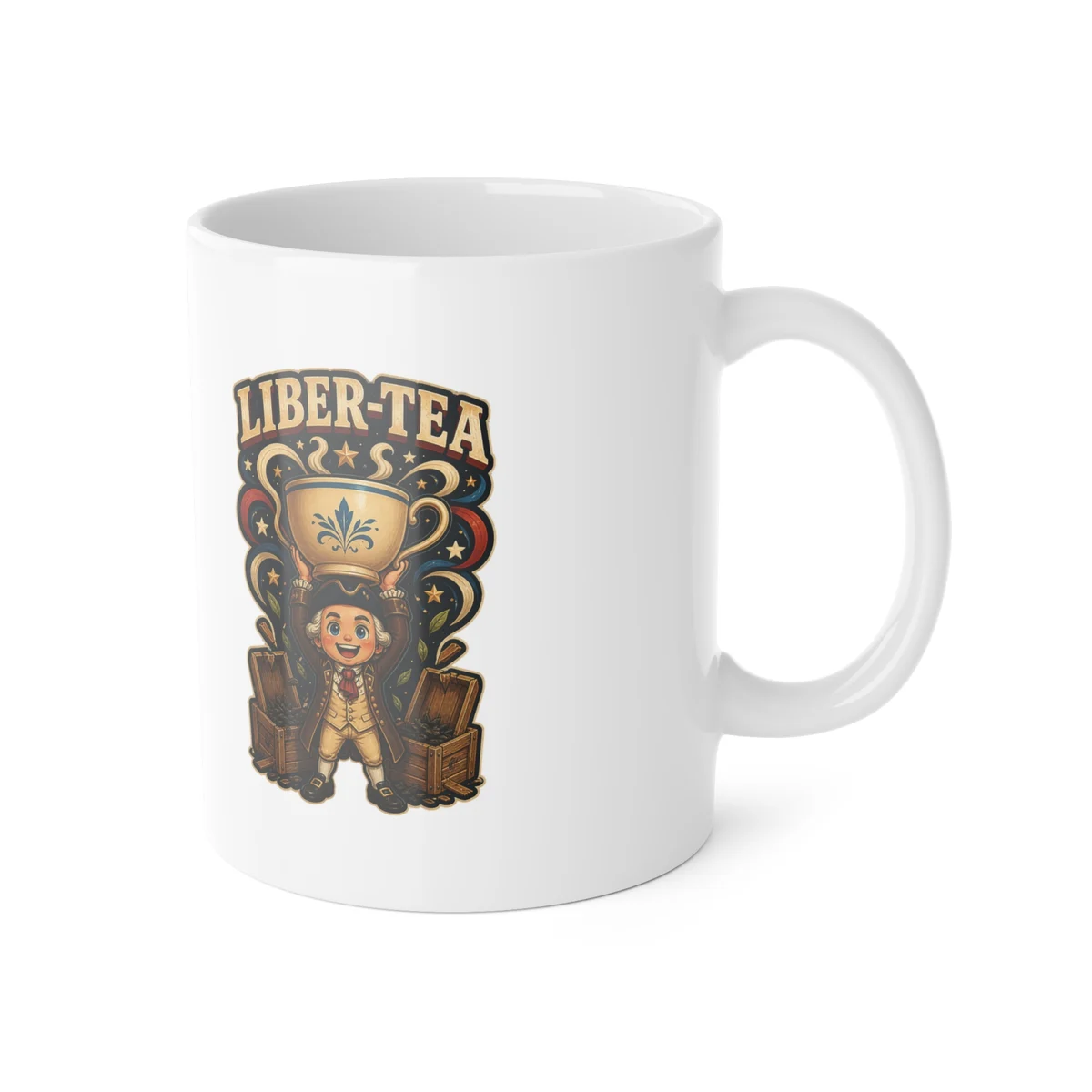 Right-side view of the glossy white Liber-Tea mug