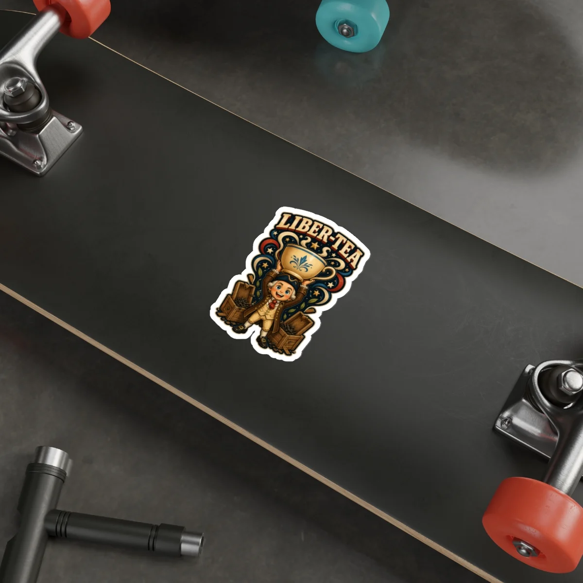 Liber-Tea sticker displayed on a black skateboard deck