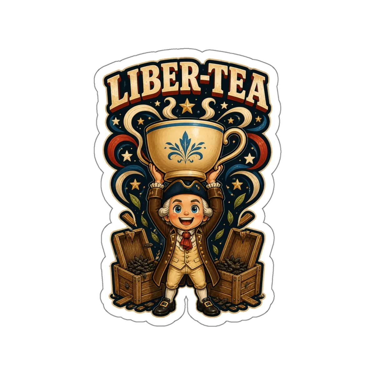 Front view of the four-inch Liber-Tea die-cut sticker
