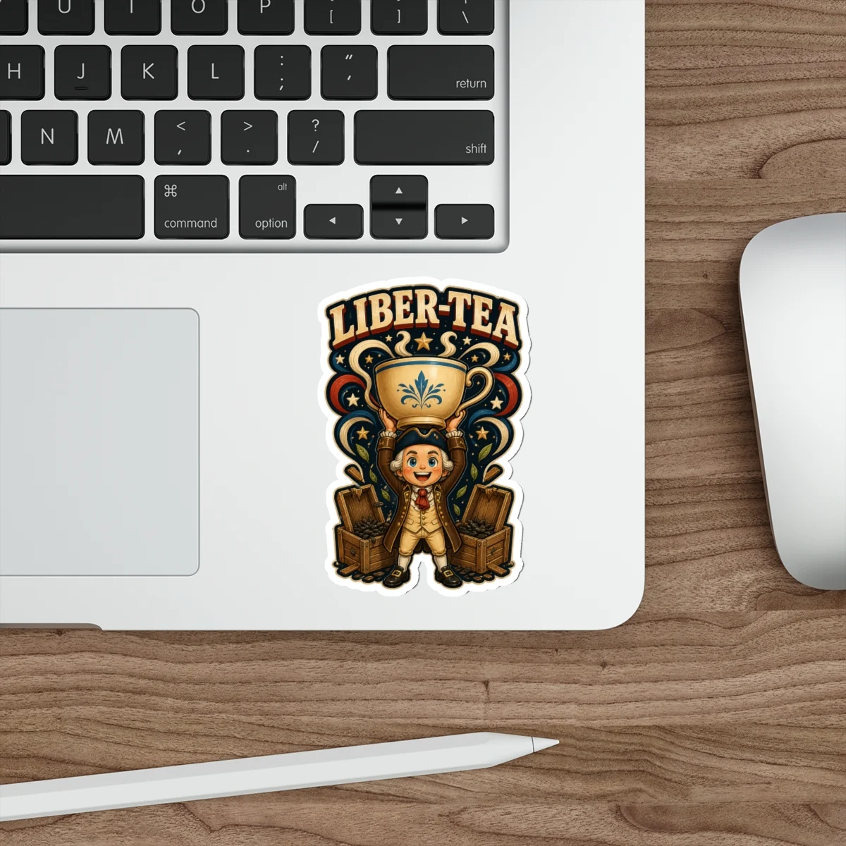 Liber-Tea sticker displayed on a silver laptop